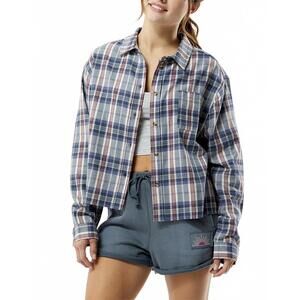 PacSun Outer Banks Treasure Distressed Cropped Flannel Shirt Blue Red NWT Medium
